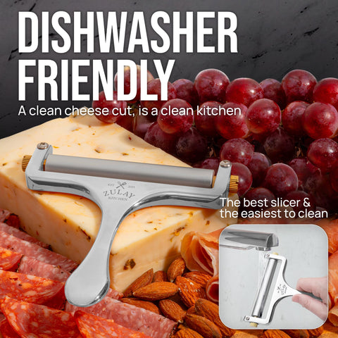 Zulay Kitchen slicer handles cheddar slices for uniform portions.