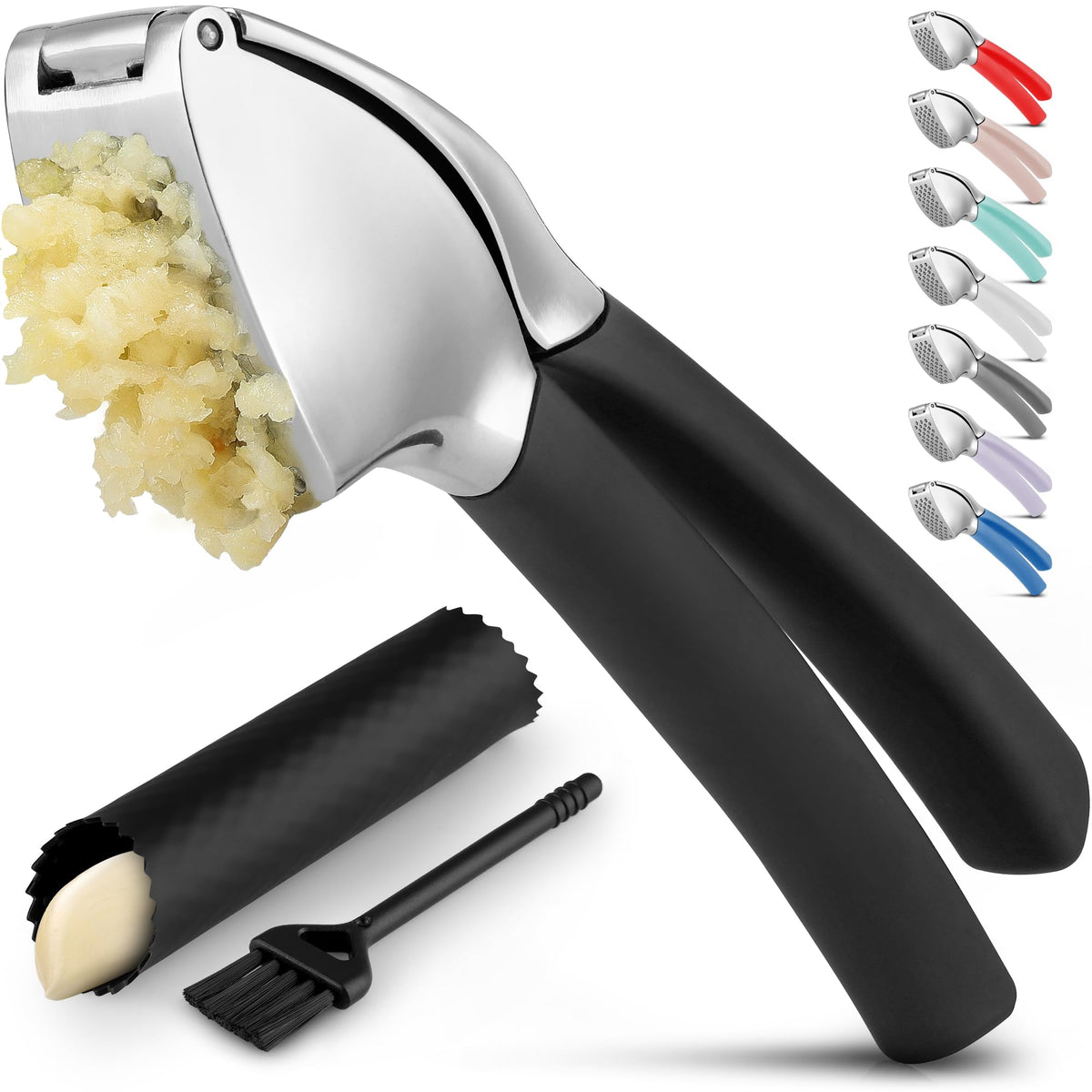 Zulay Kitchen Comfort Grip Garlic Press with ergonomic handle for effortless crushing.
