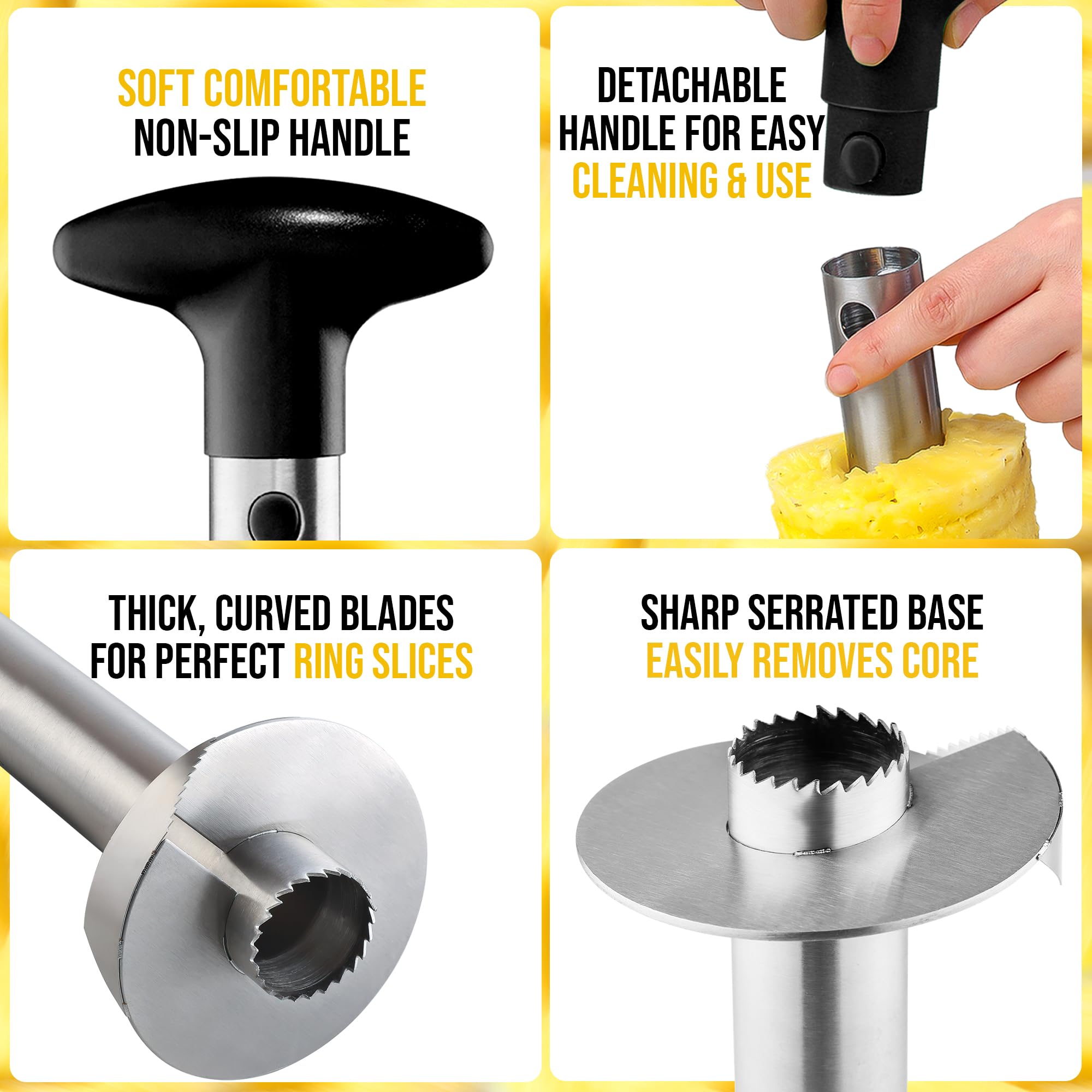 Zulay Kitchen detachable parts simplify cleaning and storage of the pineapple corer.