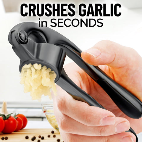 Ergonomic easy-squeeze handle on Zulay garlic press for comfort.
