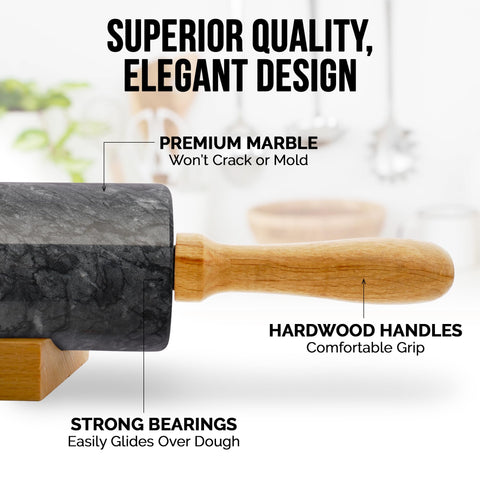 Zulay Kitchen marble rolling pin with ergonomic beechwood handle for comfortable grip.