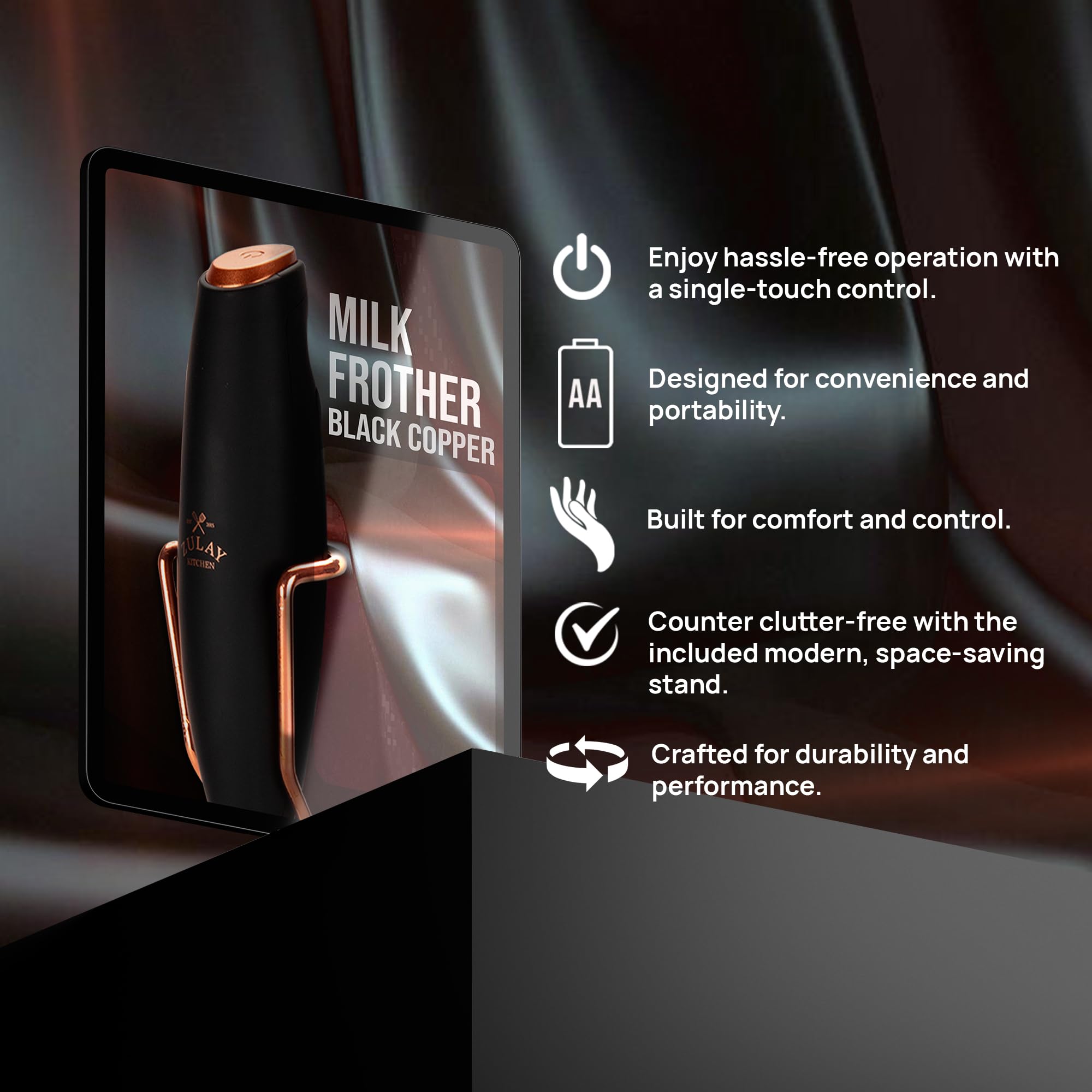 Zulay Kitchen Executive Series battery-powered frother for portable, cable-free use.