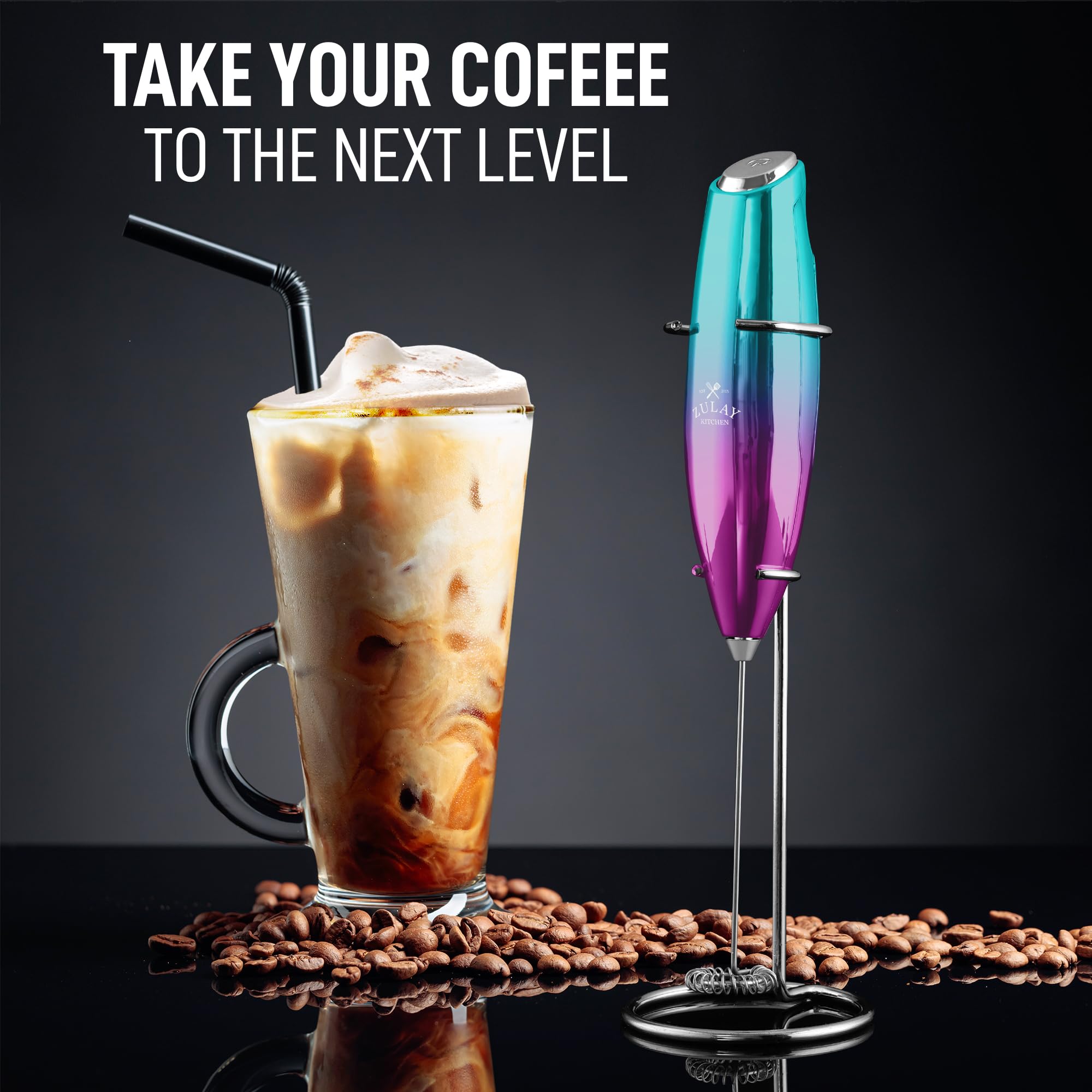Zulay frother ergonomic grip for comfortable, easy foaming sessions.