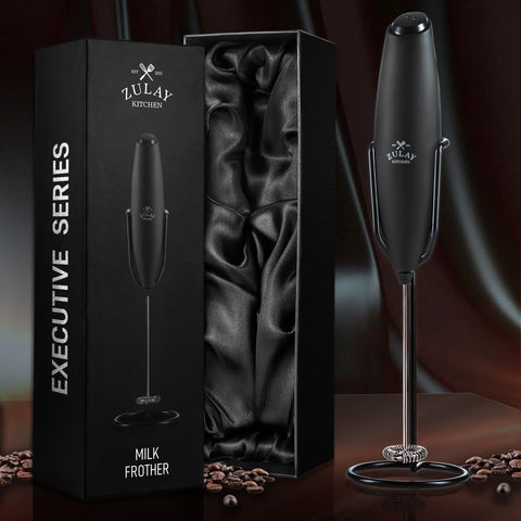 Zulay Kitchen Executive Series milk frother in cup for smooth cappuccino
