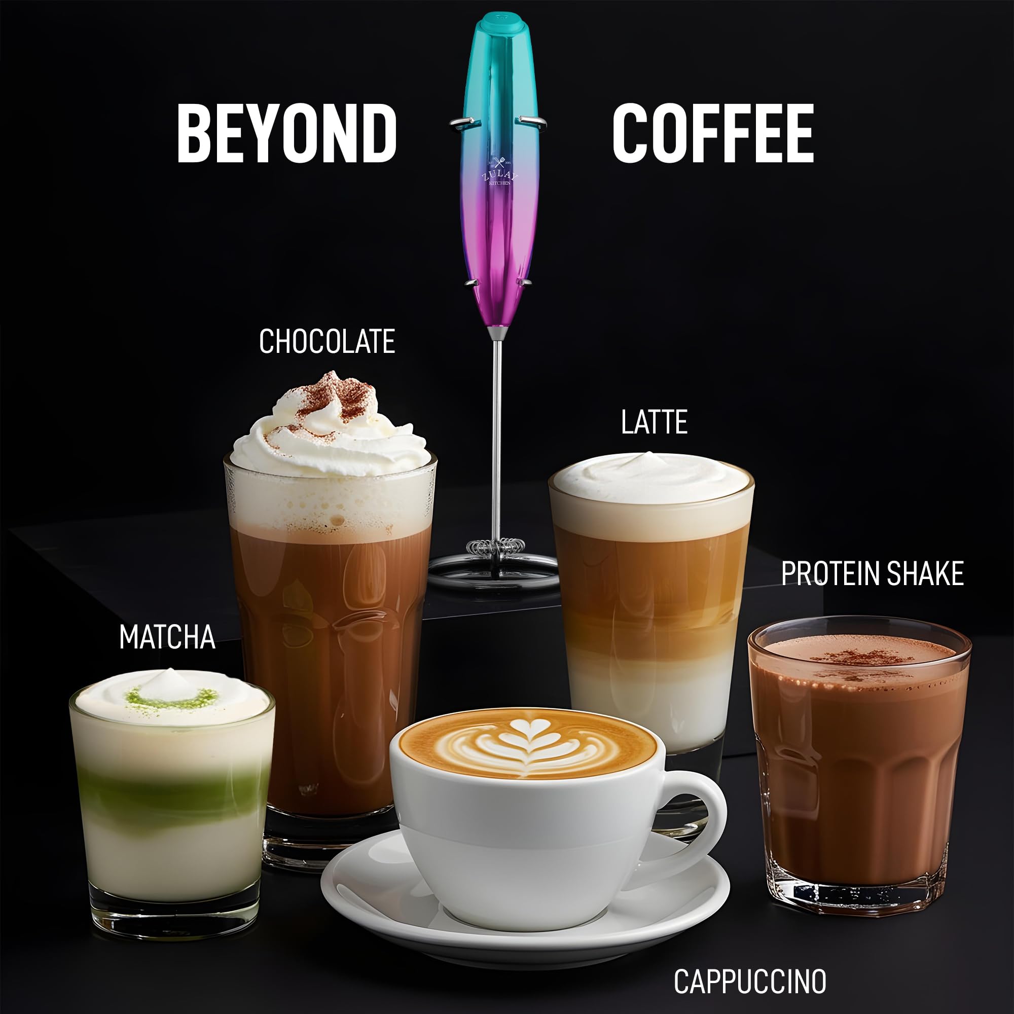 Zulay frother handles warm and cold foaming for drinks.
