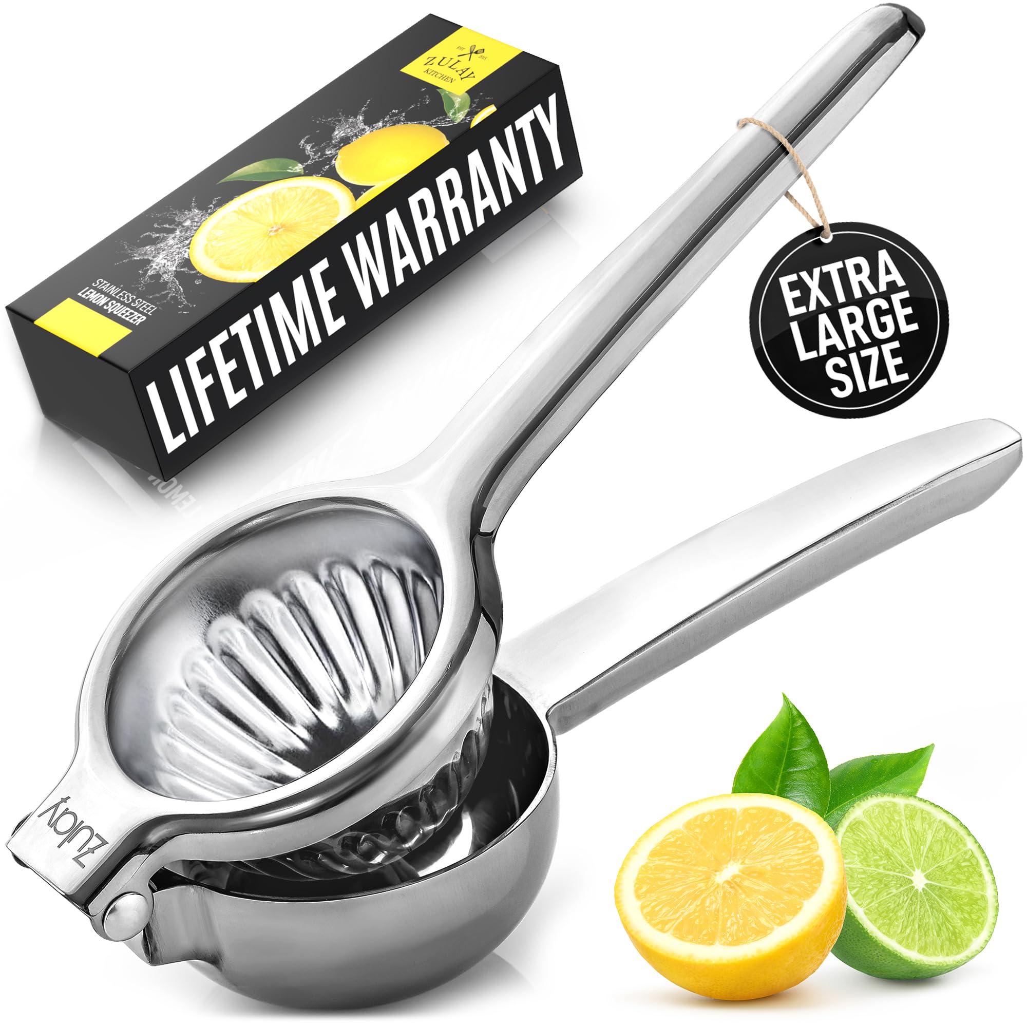 Zulay Kitchen extra large lemon squeezer closed view showing durable stainless steel build and seed-free juice potential