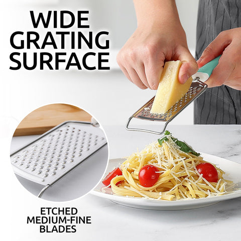 Zulay Kitchen flat handheld grater with ergonomic soft-grip handle for control.