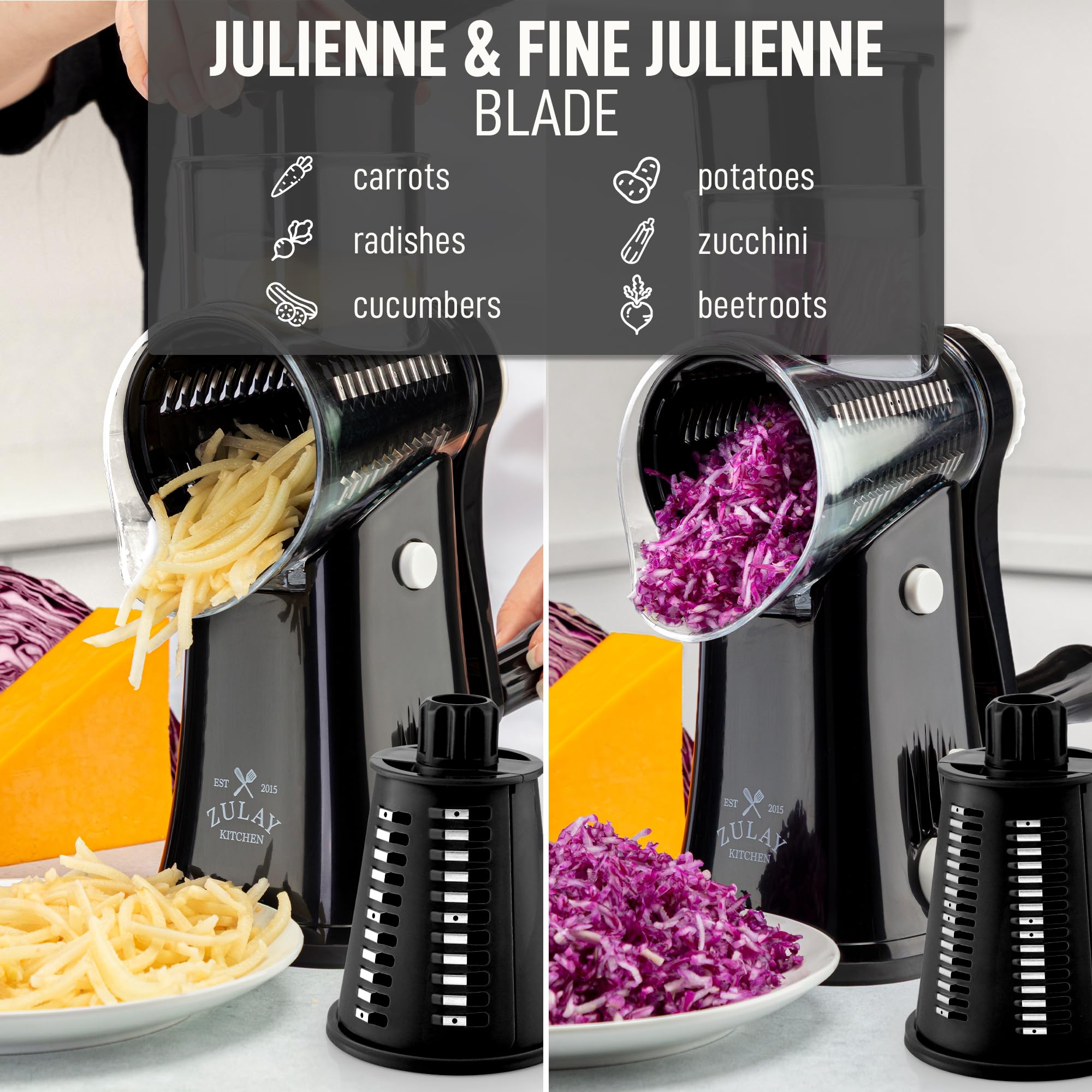 Zulay Kitchen food pusher keeps hands safe while feeding vegetables.
