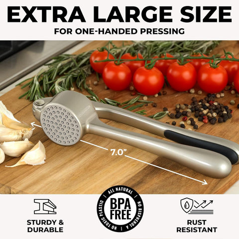 Zulay Kitchen ergonomic garlic press design for easy squeezing.