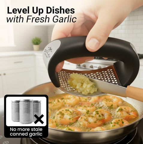 Zulay Kitchen garlic press rocker handle grip shows soft rubber comfort during rocking