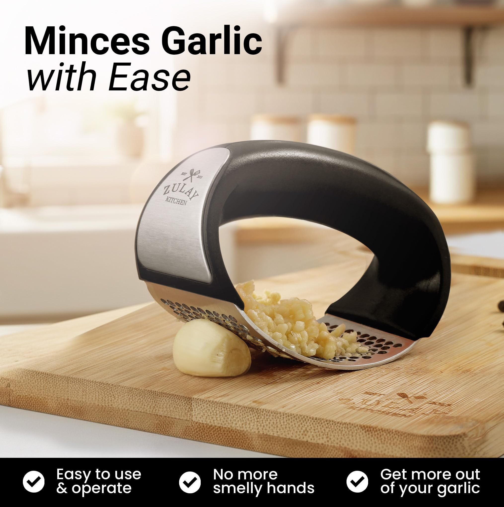 Zulay Kitchen garlic press rocker side view highlighting ergonomic grip for comfortable pressing