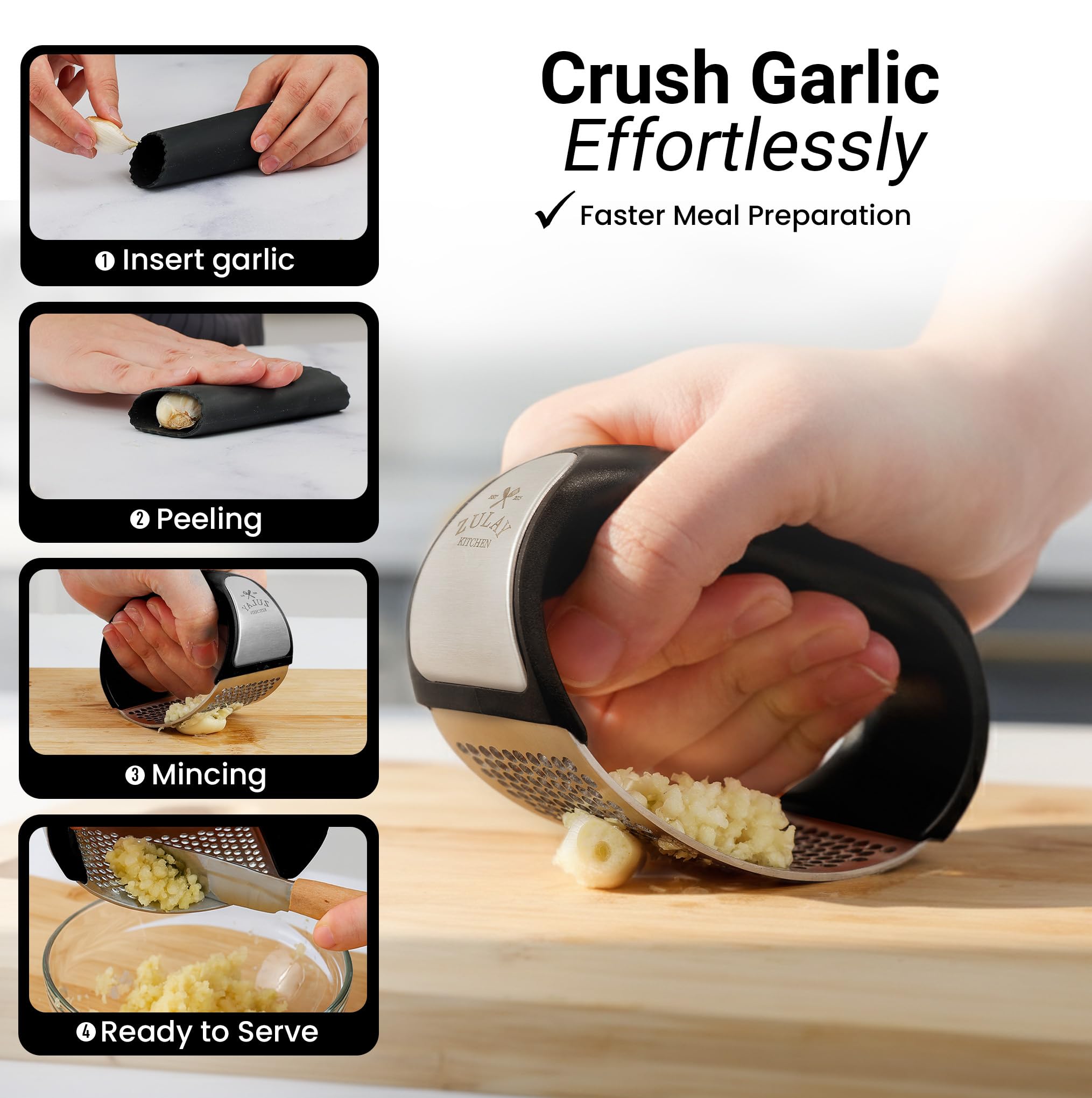 Zulay Kitchen garlic press rocker with peeler demonstrates convenient prep in one tool