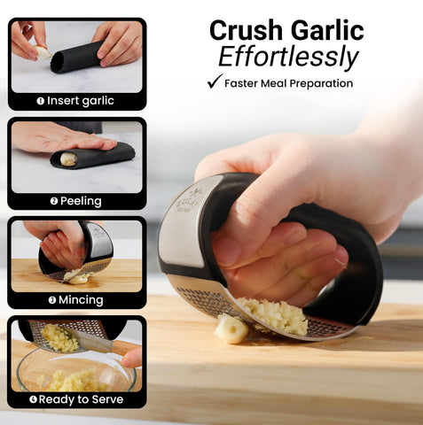 Zulay Kitchen garlic press rocker with peeler demonstrates convenient prep in one tool