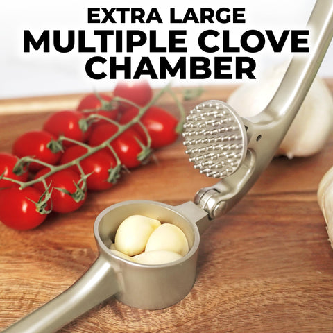 Zulay Kitchen garlic press handles unpeeled cloves easily.