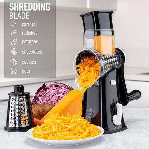 Zulay Kitchen five-blade system and hopper for clean, mess-free shredding.