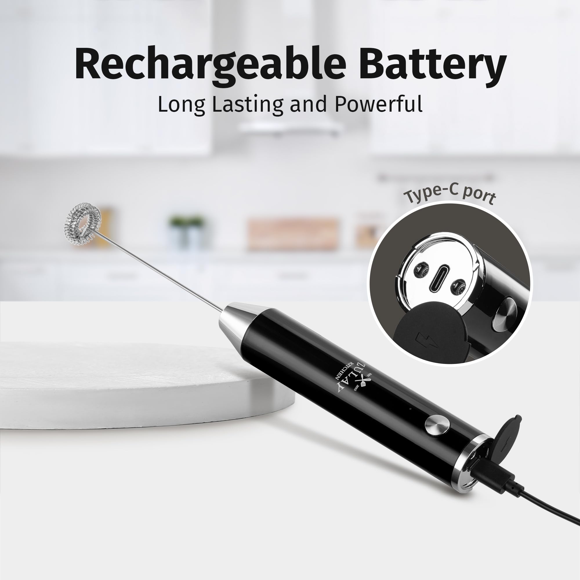Zulay Kitchen Lux 2000mAh battery powers long frothing sessions.