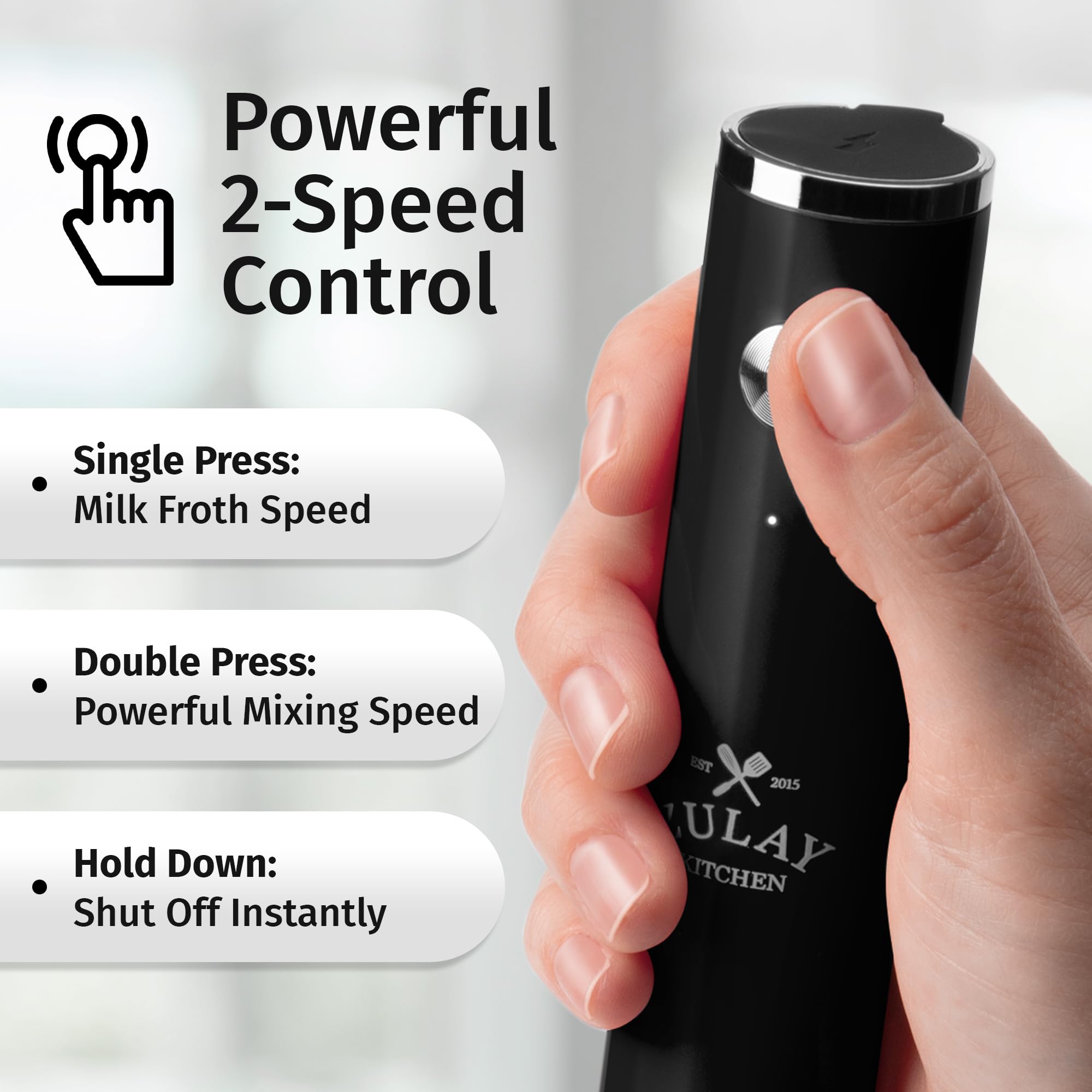 Zulay Kitchen Lux normal-speed frother yields smooth foam for matcha and shakes.