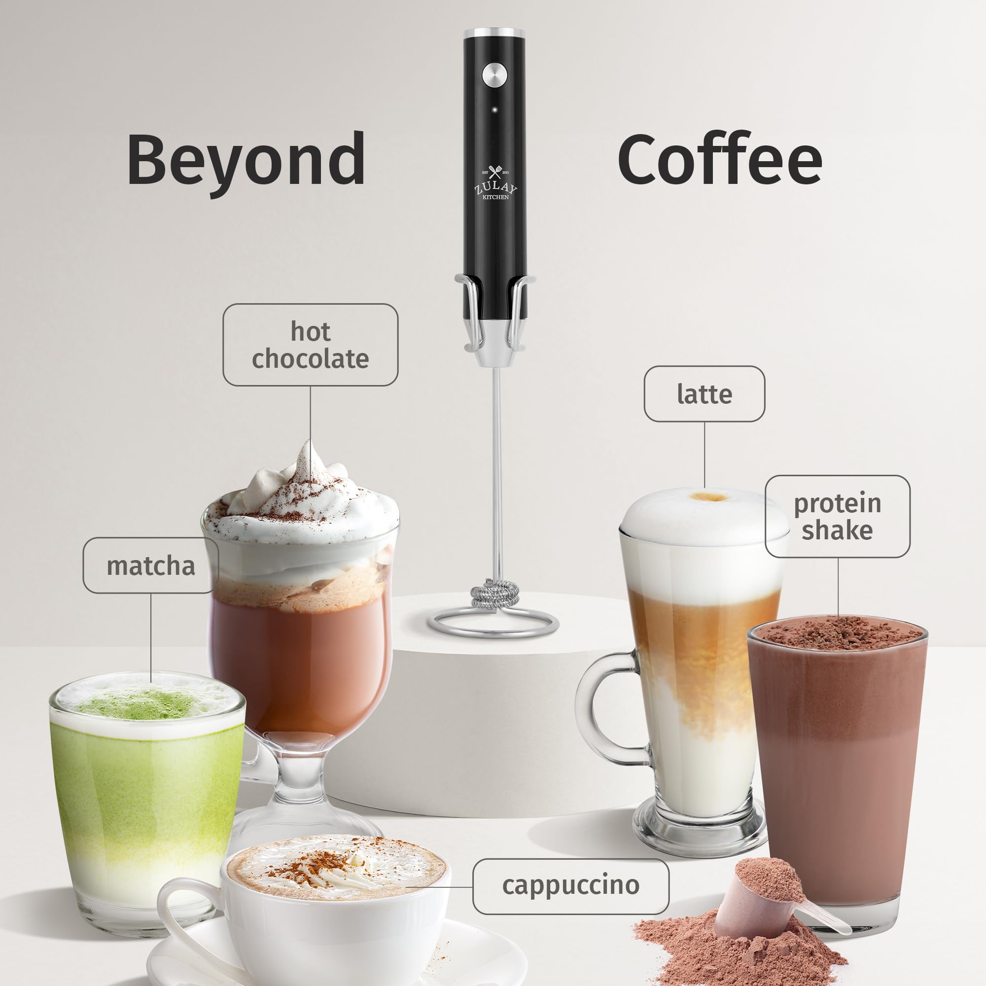 Zulay Kitchen Lux turbo-speed frother delivers dense foam in seconds.