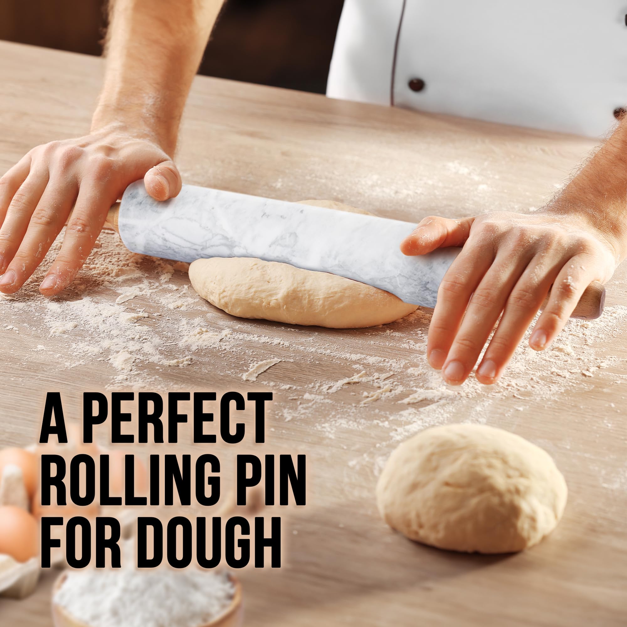 Close-up of Zulay marble rolling pin head showing smooth surface for nonstick dough
