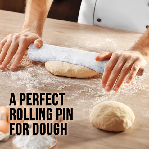 Close-up of Zulay marble rolling pin head showing smooth surface for nonstick dough