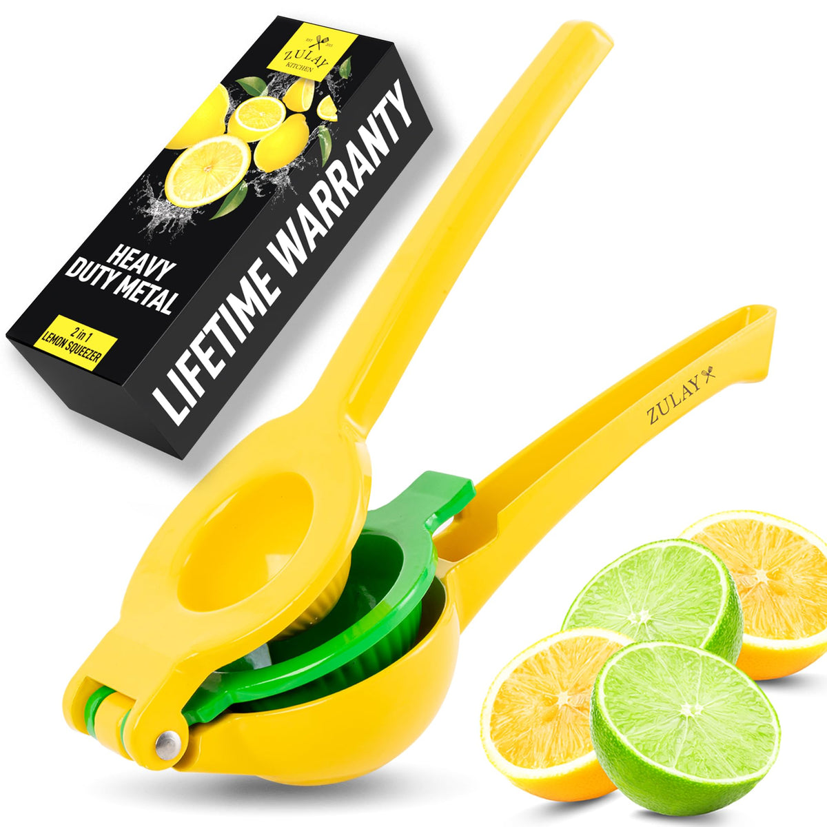 Zulay Kitchen metal 2-in-1 lemon squeezer showing full juice extraction