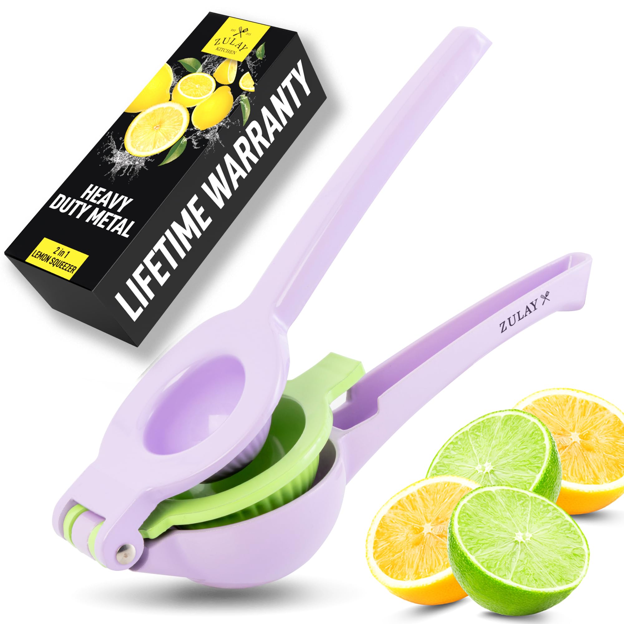 Zulay Kitchen metal 2-in-1 lemon squeezer delivers max juice with a built-in seed filter.