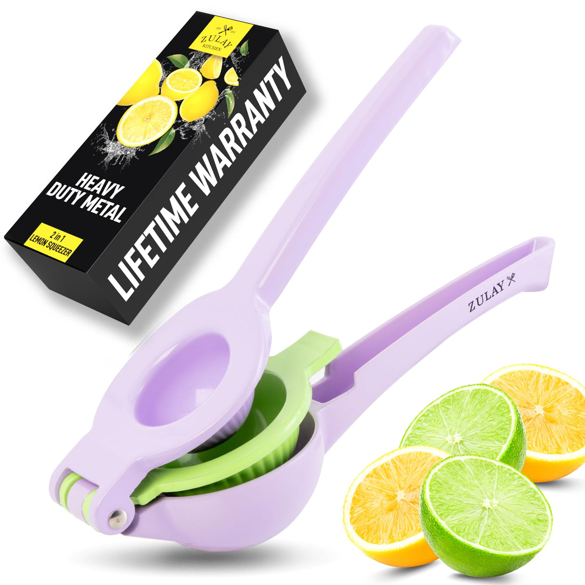Zulay Kitchen metal 2-in-1 lemon squeezer delivers max juice with a built-in seed filter.