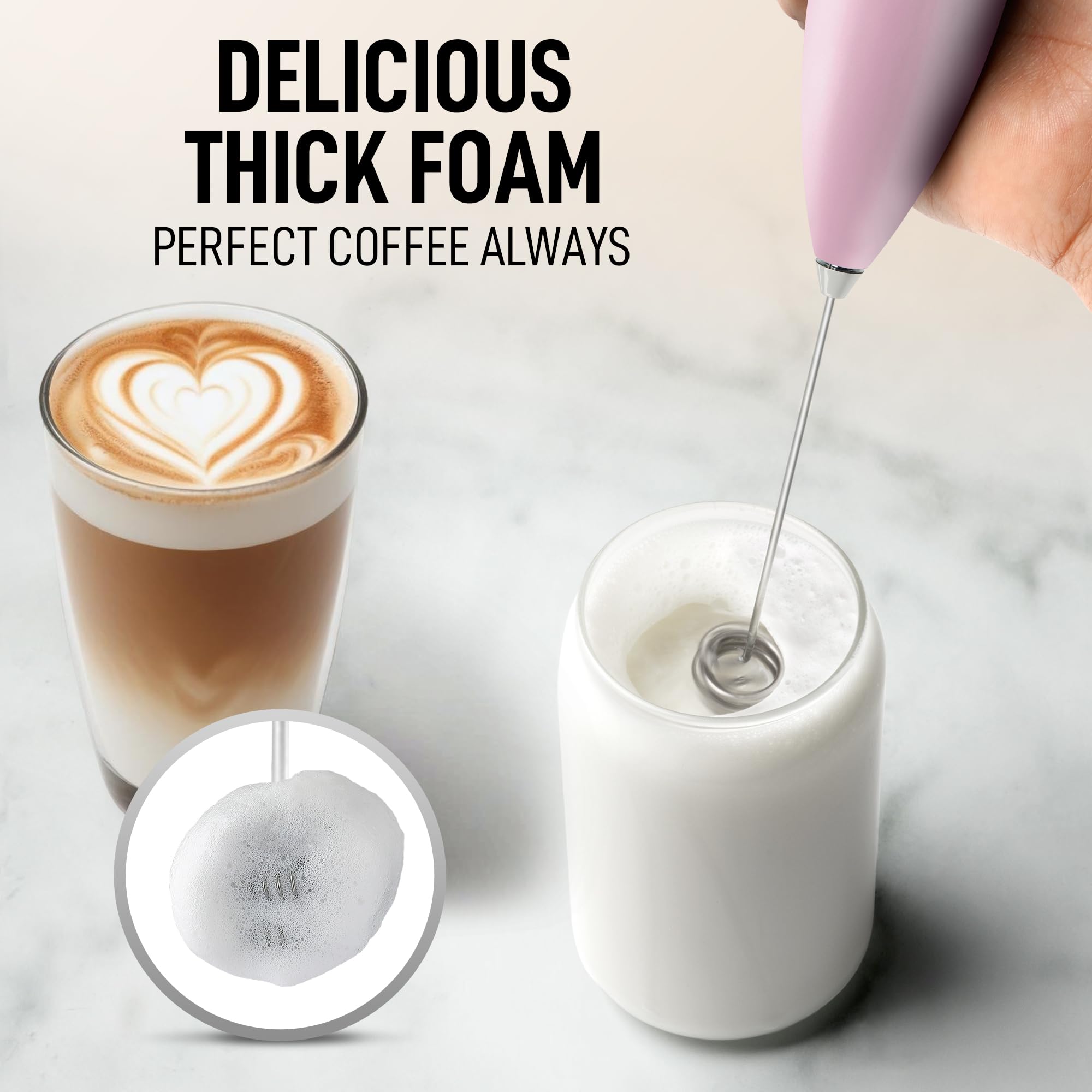 Close-up of Zulay frother creating silky milk foam for beverages