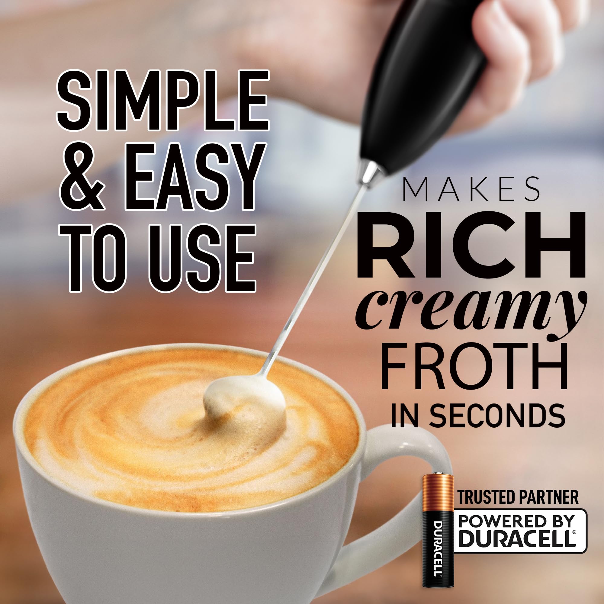 Zulay Kitchen milk frother close-up whisk shows 25 spirals for rich foam.