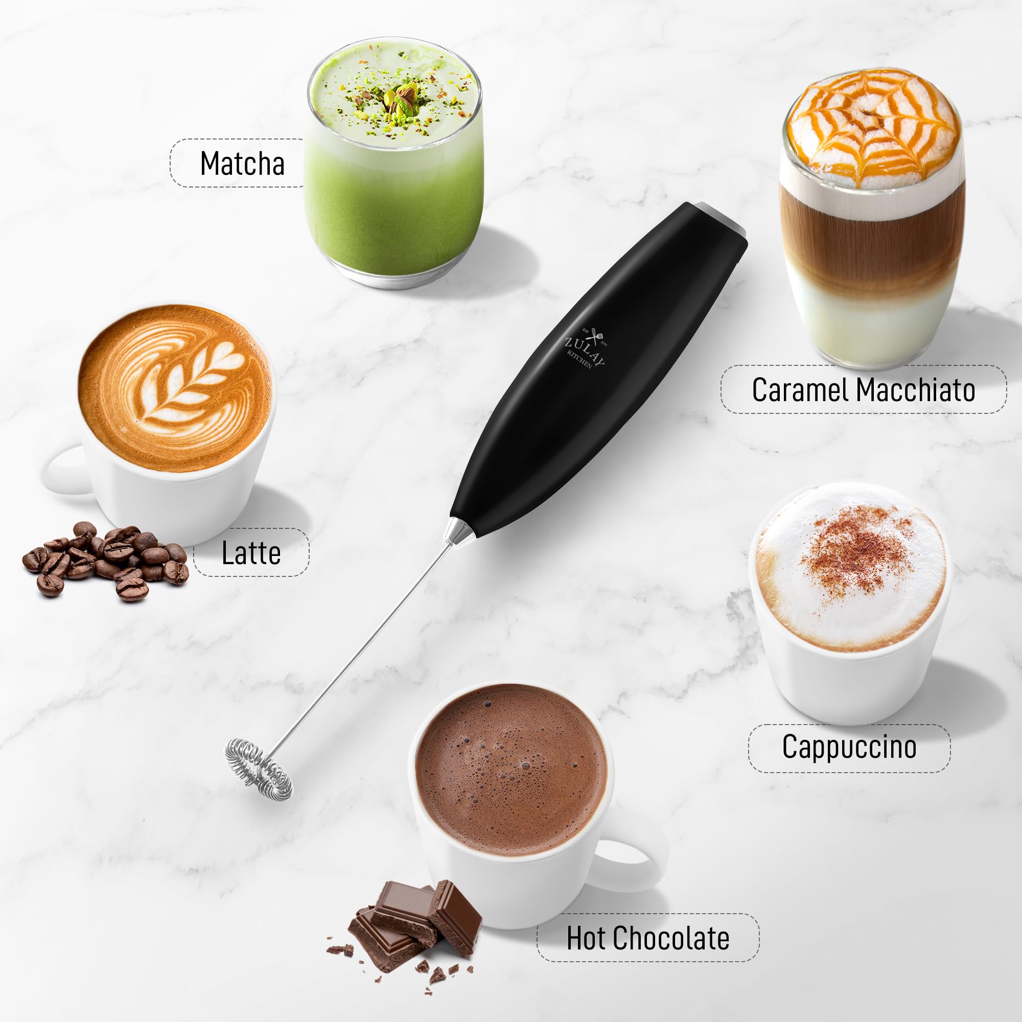 Zulay Kitchen milk frother with batteries included for ready-to-use frothing.