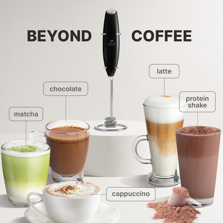 Zulay Kitchen milk frother close-up shows foam texturing for espresso-style beverages.