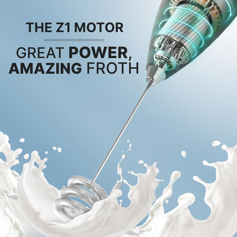 Zulay Kitchen milk frother on metal stand for tidy countertop storage.