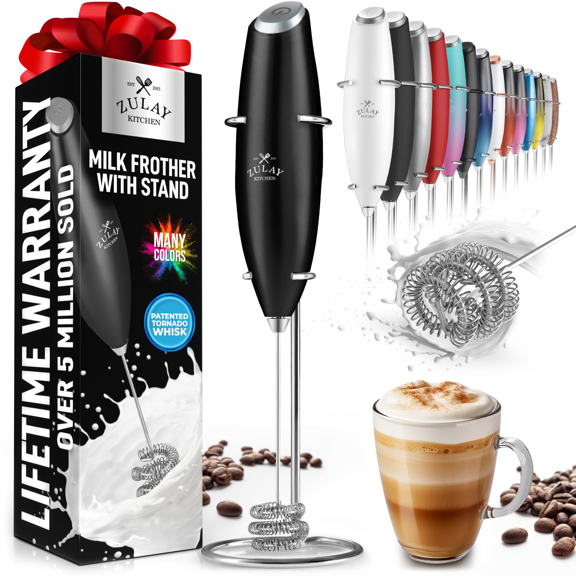 Zulay Kitchen milk frother with tornado triple whisk creates creamy foam quickly.