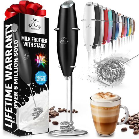 Zulay Kitchen milk frother with tornado triple whisk creates creamy foam quickly.