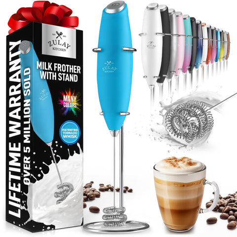 Zulay Kitchen Milk Frother with Tornado Whisk in action delivering café-quality foam.