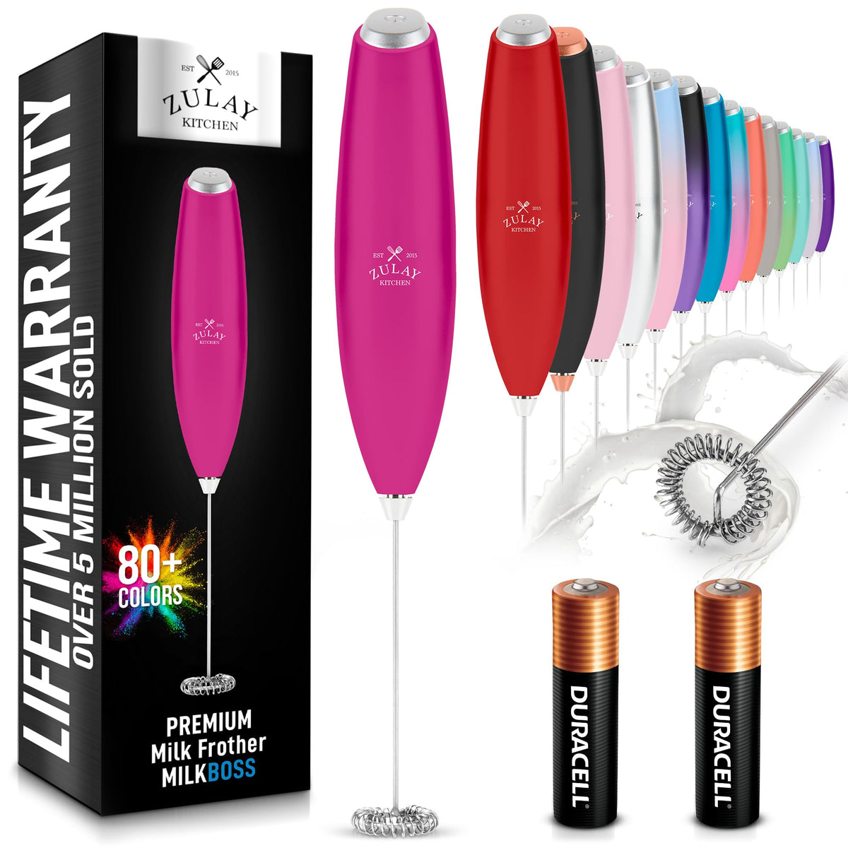Zulay Kitchen milk frother wand front view showing creamy foam for coffee