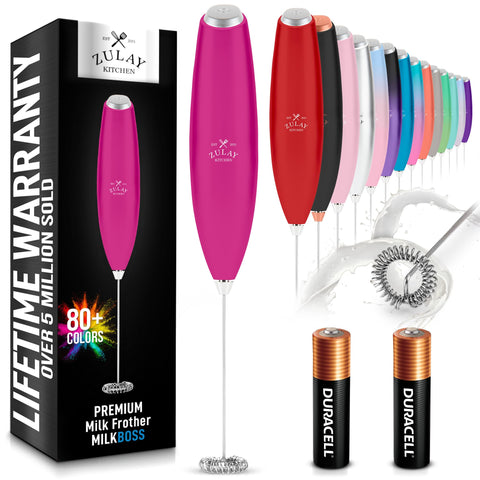 Zulay Kitchen milk frother wand front view showing creamy foam for coffee
