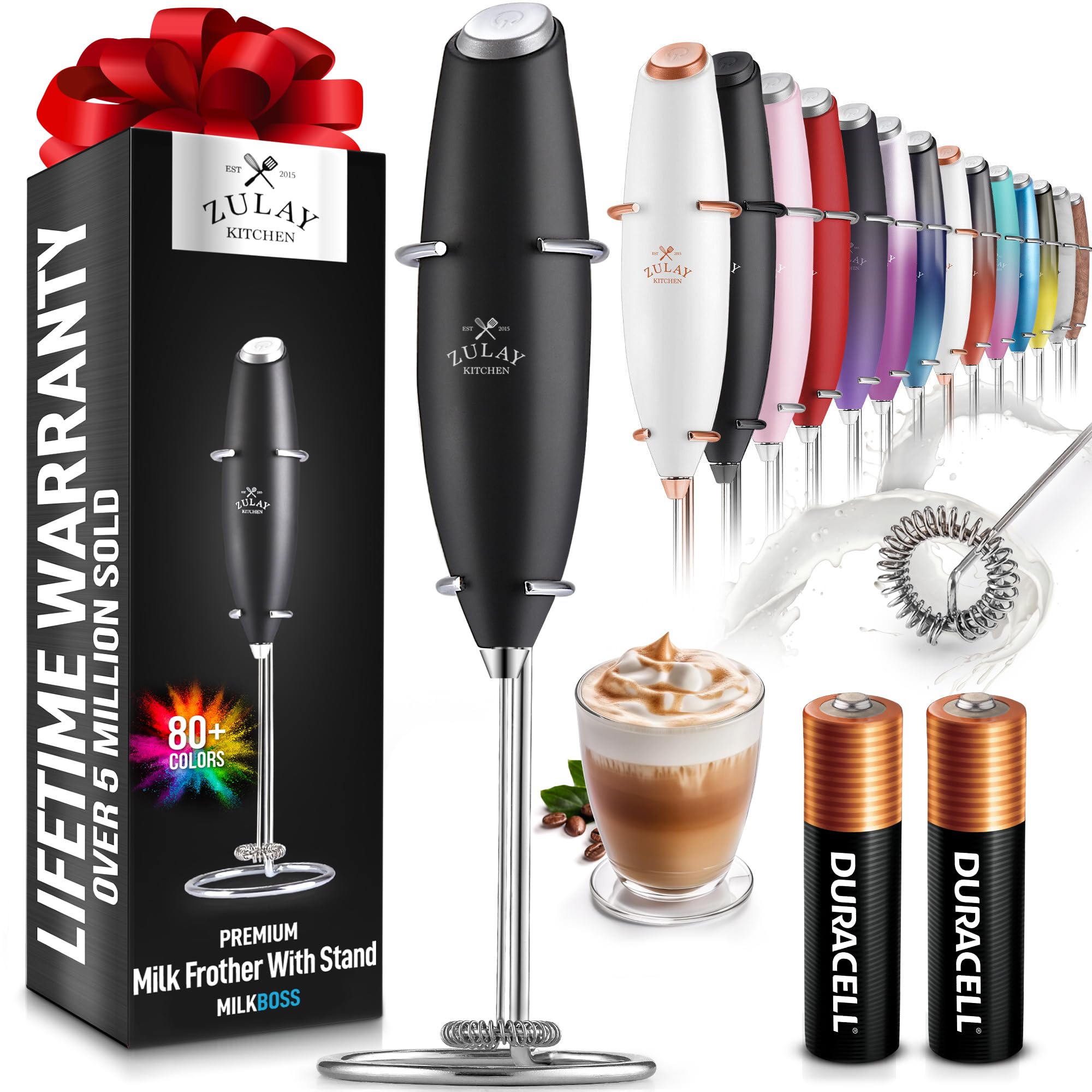 Zulay Kitchen milk frother wand frothing action creates rich coffee foam.