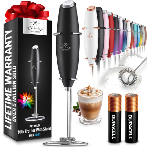 Zulay Kitchen milk frother wand frothing action creates rich coffee foam.