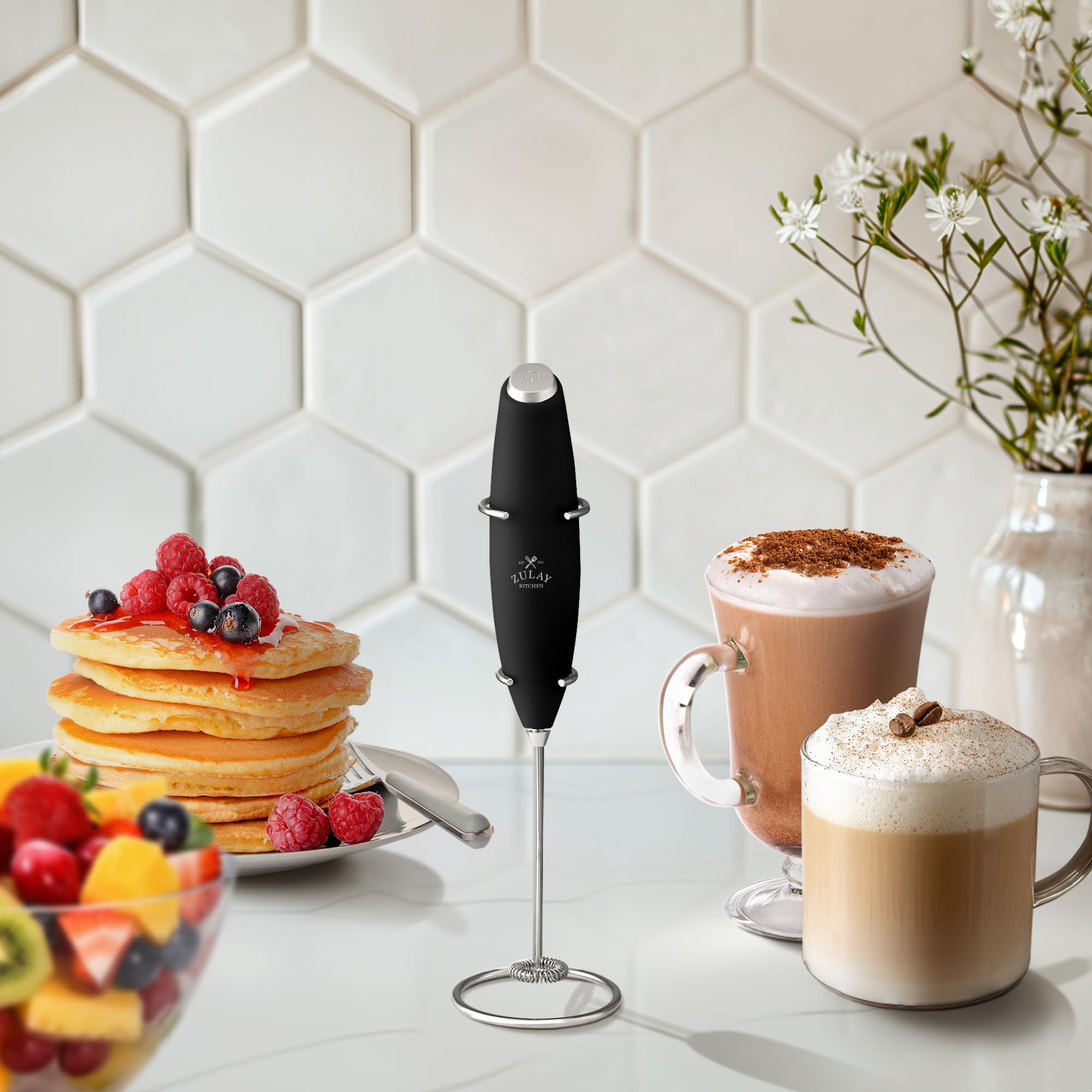 Zulay Kitchen milk frother wand blends protein shakes smoothly.