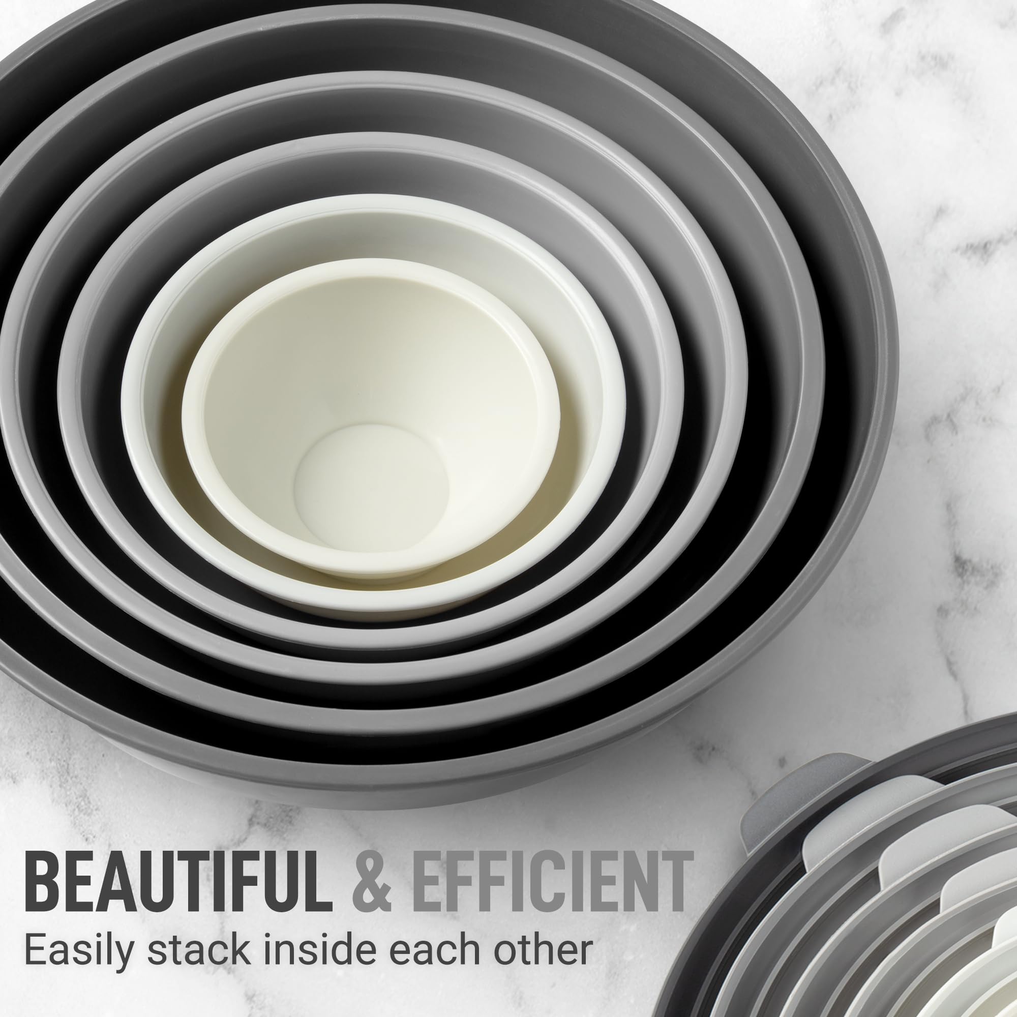 Zulay Kitchen bowls stacked with lids show space-saving design.