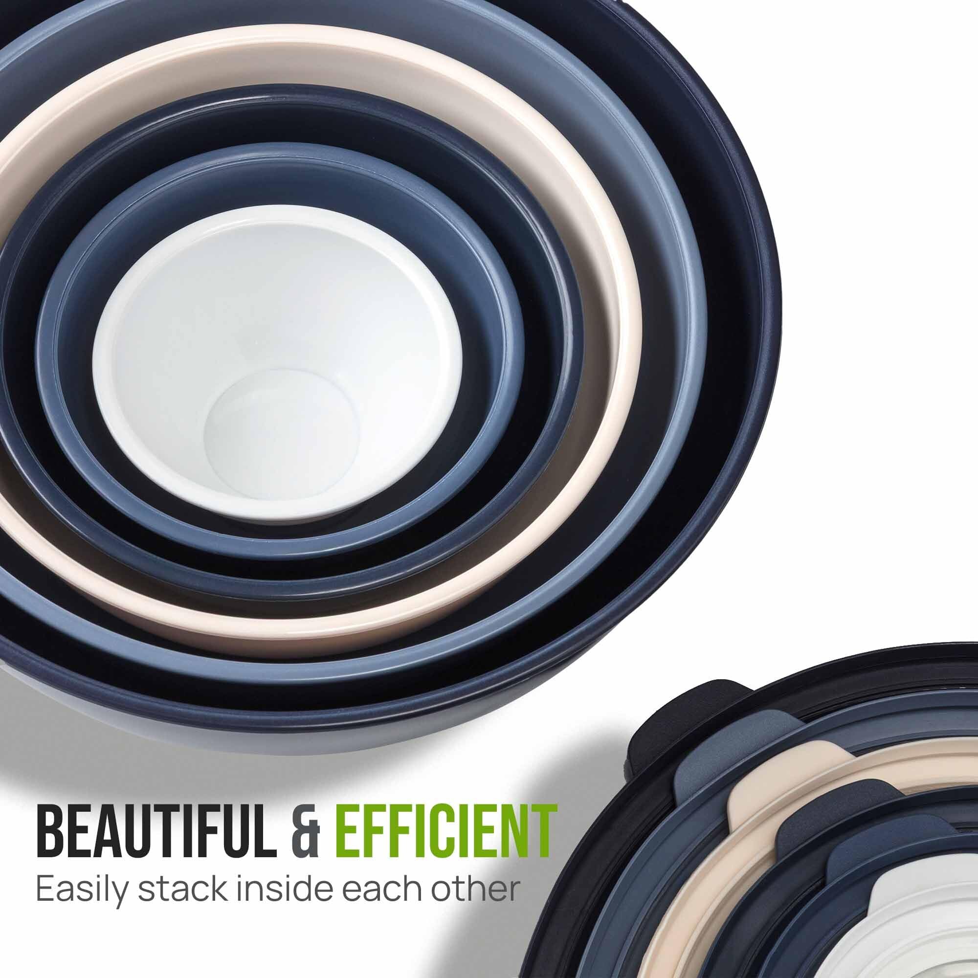 Zulay Kitchen nesting bowls save space with stackable design.