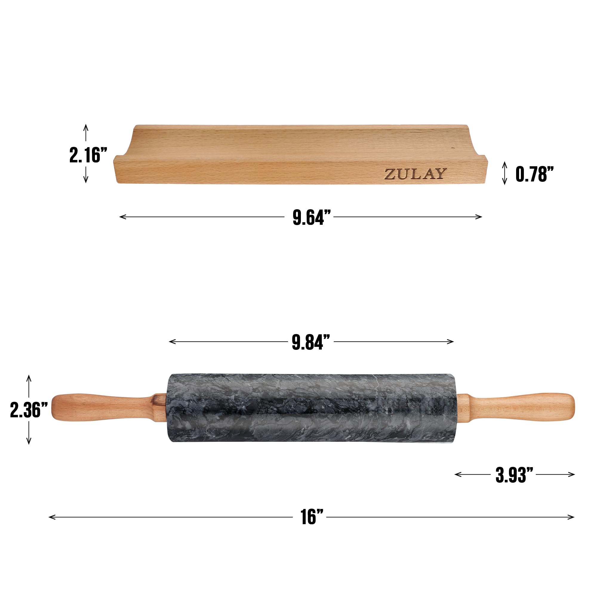 Zulay Kitchen marble rolling pin non-stick surface reduces flour use.