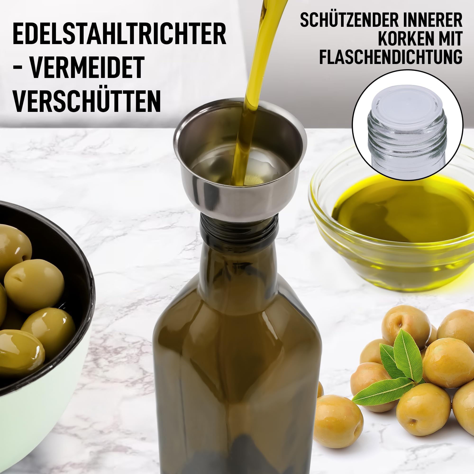 Zulay Kitchen olive oil dispenser bottle funnel supports easy transfer and cleanup