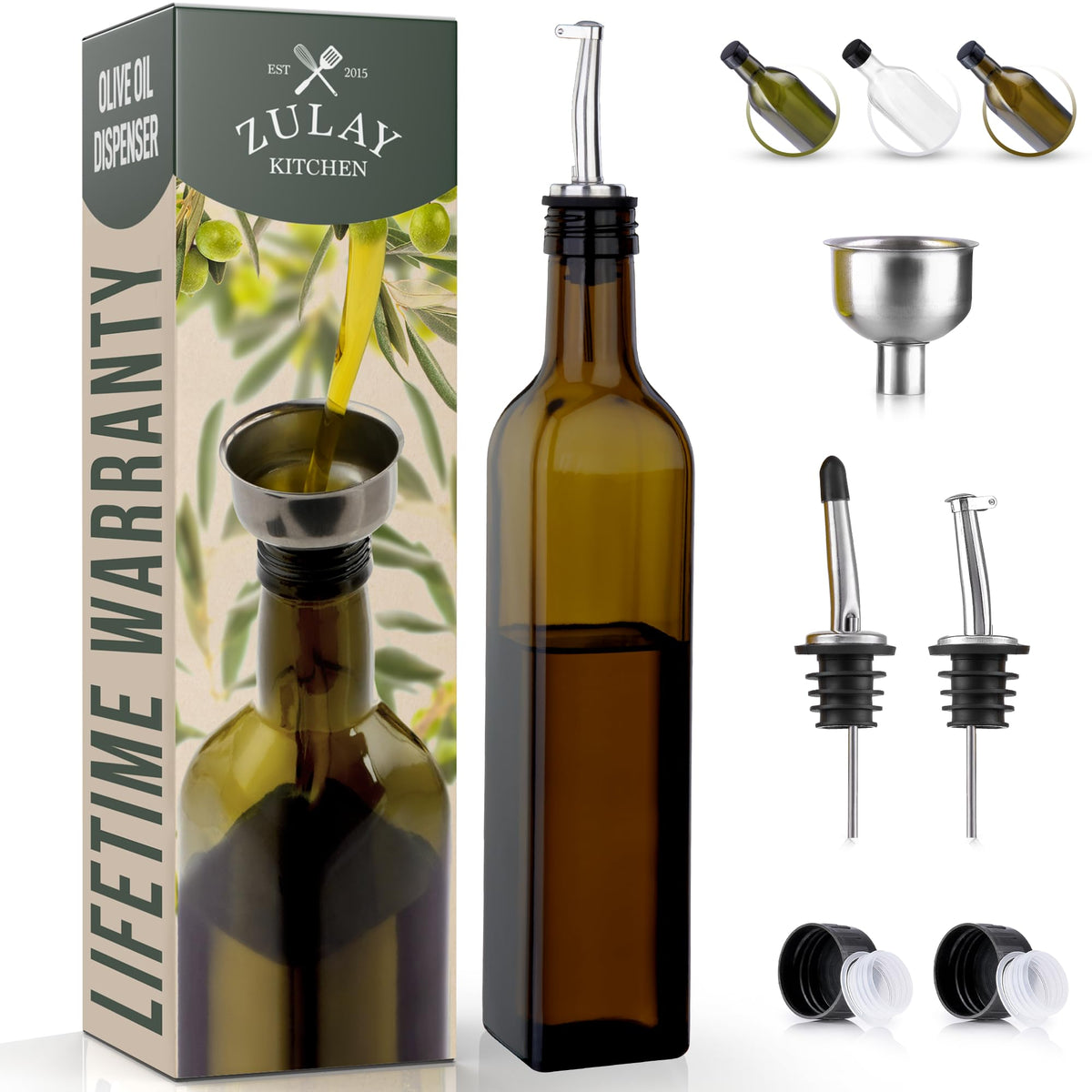 Zulay Kitchen olive oil dispenser bottle spout for precise pouring and mess-free cooking