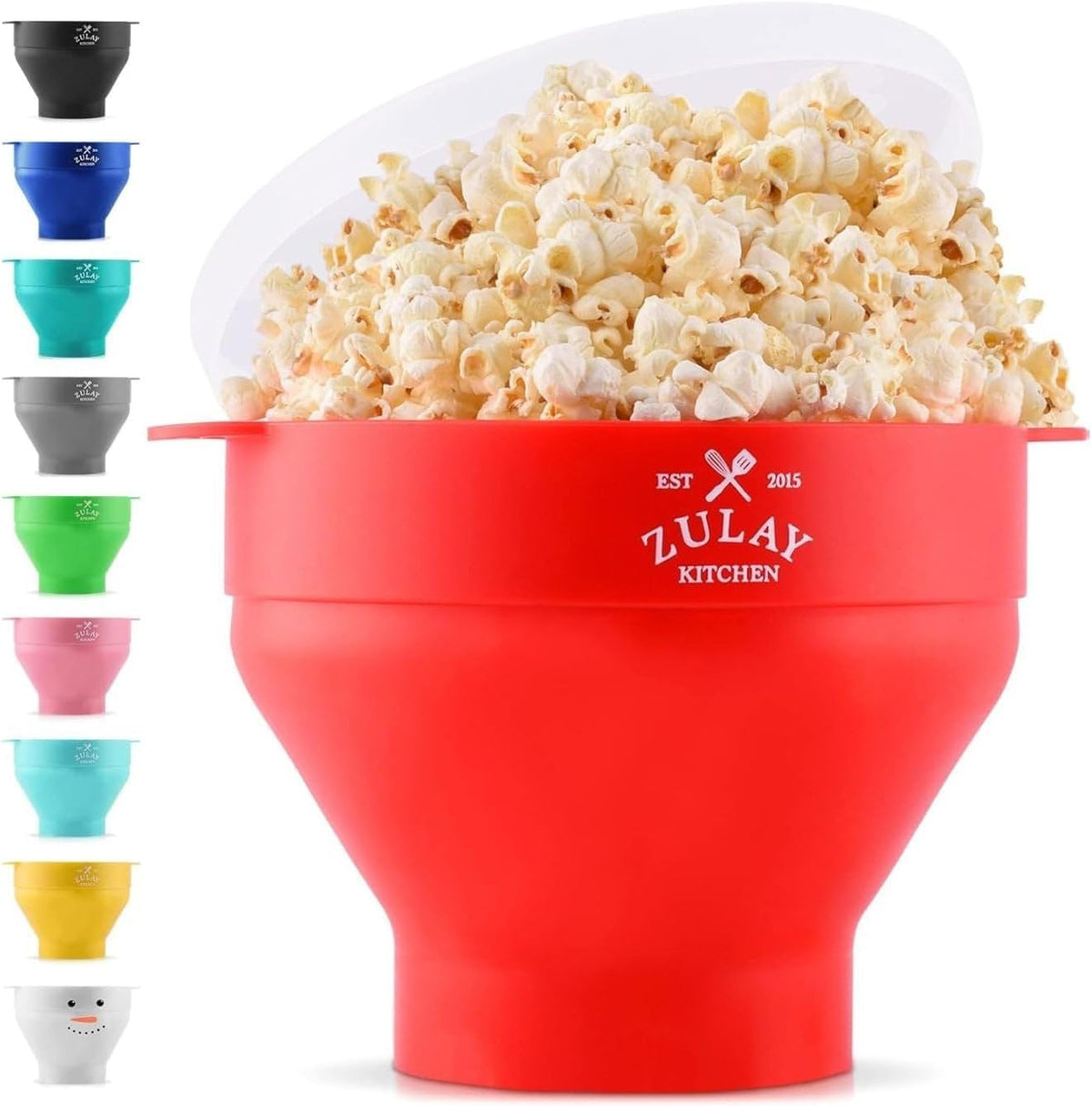 Zulay Kitchen popcorn popper bowl with lid for even heat and fluffy, oil-free snacking.