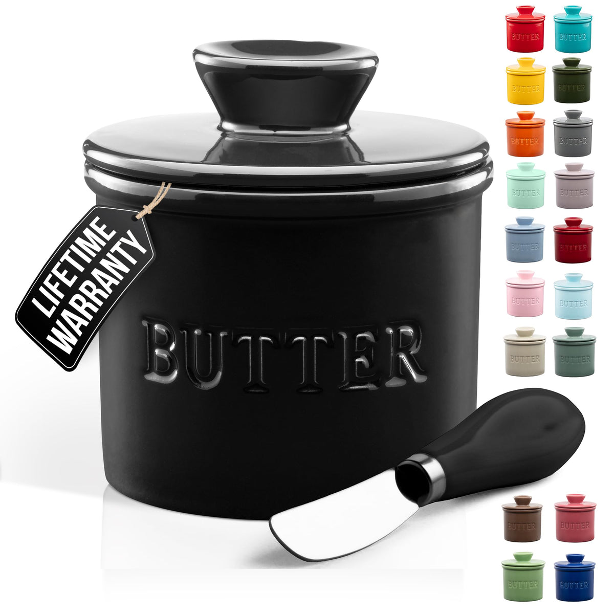 Zulay Kitchen porcelain butter crock in black bell shape with lid keeps butter fresh and ready.