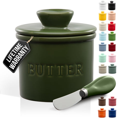 Zulay Kitchen porcelain butter crock with lid showcases jade green finish for fresh, spreadable butter.