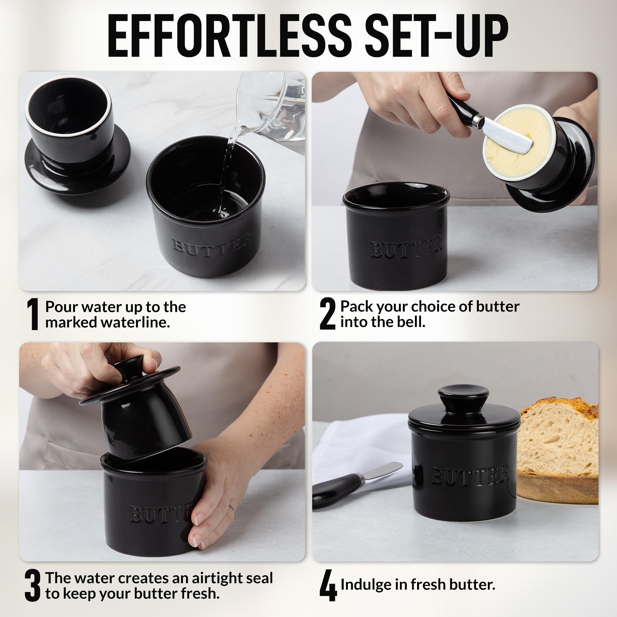 Zulay Kitchen porcelain butter crock with water-seal base for airtight freshness.