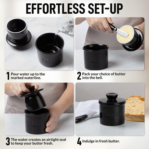 Zulay Kitchen porcelain butter crock with water-seal base for airtight freshness.